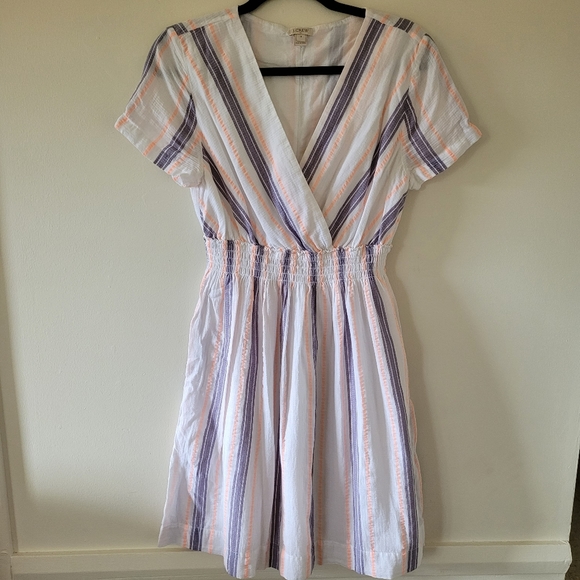 J Crew Factory Medium Cotton V Neck Dress Elastic Waist Stripes - Picture 2 of 10